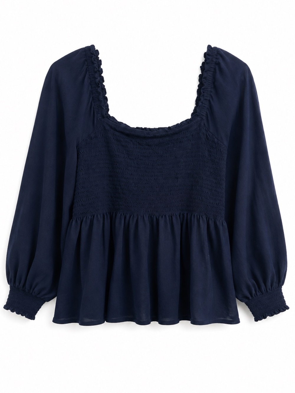 Nautica Navy Smocked Peplum Blouse XXL Square Neck Puff Sleeve